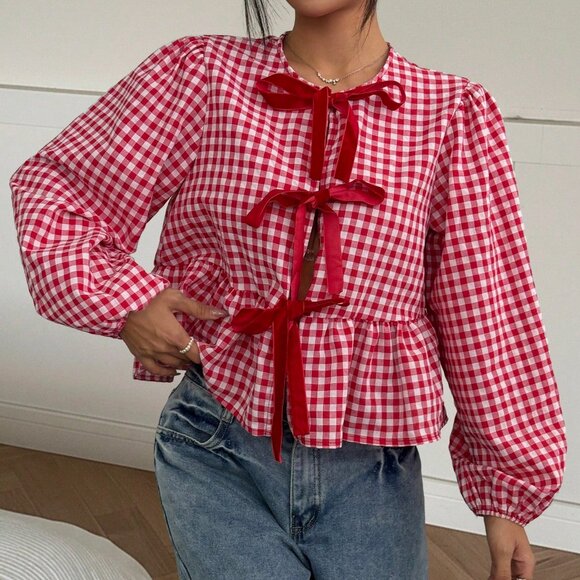 Red And White Casual Women's Cowgirl Hippie Round Neck Gingham Print Top - Picture 6 of 6